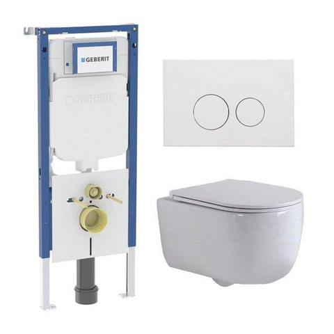 QeramiQ Dely Swirl Toiletset - 36.3x51.7cm - diepspoel - rimless - Geberit UP720 Duofix Sigma inbouwreservoir - slim zitting - mat witte metalen bedieningsplaat - ronde knoppen - mat wit SW1414018