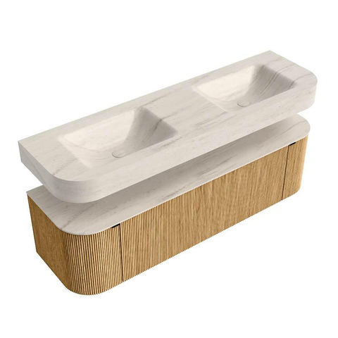 MONDIAZ THOR-DLUX 160cm meuble de salle de bains arrondi gauche + droite couleur Oak avec 1 tiroir et 2 portes. Vasque suspendue CLOUD Double 2 trous de robinet couleur Meli. SW1465146