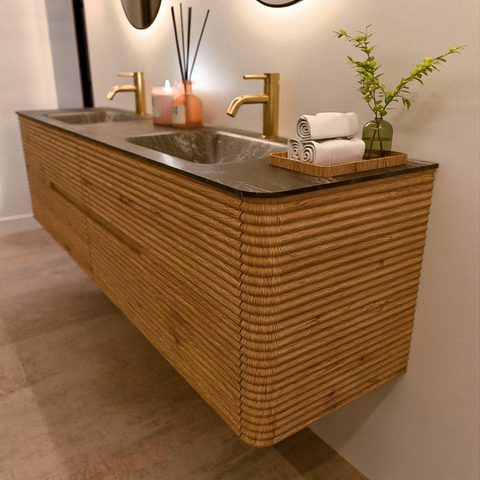 Mondiaz CIRO-DLUX Badkamermeubelset - 190x45x50cm - Solid surface wastafel Lava - 2 wasbak Dubbel - 2 kraangaten - 4 lades - Oak SW1531013