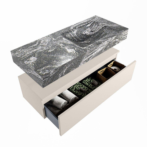 Mondiaz ALAN-DLUX Ensemble de meuble - 110cm - meuble Linen mat - 1 tiroir - Lavabo Cloud Lava suspendu - vasque Droite - 1 trou de robinet SW808137