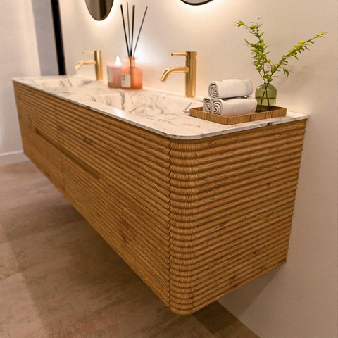 Mondiaz CIRO-DLUX Badkamermeubelset - 190x45x50cm - Solid surface wastafel Glace - 2 wasbak Dubbel - 2 kraangaten - 4 lades - Oak SW1531070
