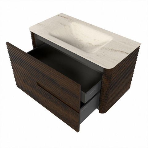 Mondiaz CIRO-DLUX Meuble de salle de bains - 90x45x50cm - Plan vasque solid surface Meli - 1 lavabo au milieu - sans trous de robinet - 2 tiroirs - Noyer SW1530466