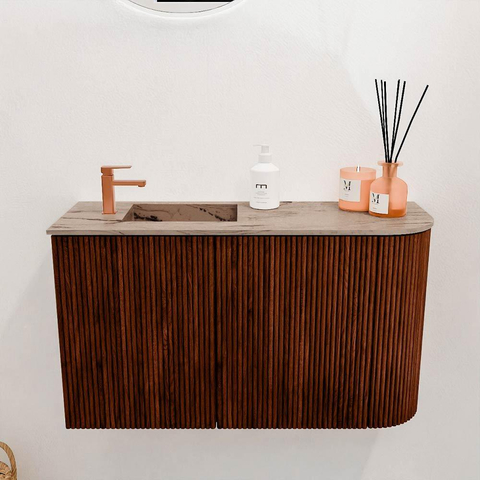 Mondiaz JOYA-DLUX 71.6cm meuble de toilette - arrondi droit couleur Ruby - Lavabo FAYE position Gauche 1 trou de robinet couleur Arena. SW1425292