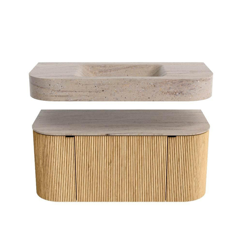 MONDIAZ THOR-DLUX 100cm badmeubel ronding links + rechts kleur Oak met 1 lade en 2 deuren. Vrijhangende wastafel CLOUD Midden 1 kraangat kleur Saba. SW1467554