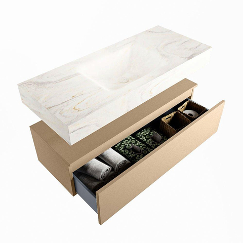 Mondiaz ALAN-DLUX Ensemble de meuble - 110cm - meuble Oro mat - 1 tiroir - Lavabo Cloud Ostra suspendu - vasque Centre - 0 trous de robinet SW807608