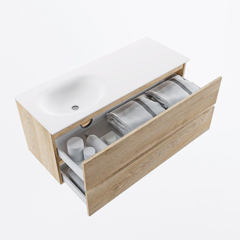 MONDIAZ VICA meuble sous lavabo 120cm Chêne blanchi 2 tiroirs. Lavabo MOON gauche 1 trou de robinet, couleur Talc. SW1381934