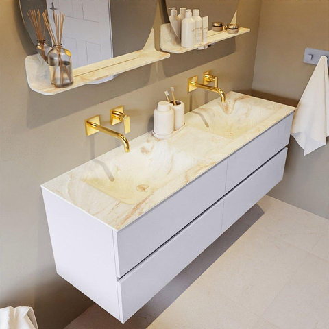 Mondiaz VICA-DLUX Ensemble meuble de salle de bains - 150cm - plan - 4 tiroirs - Lavabo encastré CLOUD - double sans trou de robinet - couleur Frappe - version XL 60cm de hauteur SW1189186