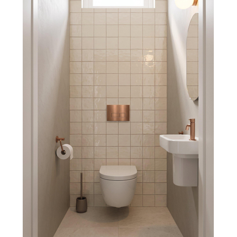 Pack WC QeramiQ Dely Swirl Compact - réservoir encastrable Geberit UP320 - avec bâti-support Burda - abattant 25 mm - plaque de commande en métal cuivre - boutons rectangulaires - blanc brillant SW1592327