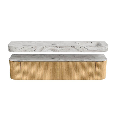 MONDIAZ THOR-DLUX 200cm badmeubel ronding links + rechts kleur Oak met 2 lades en 2 deuren. Vrijhangende wastafel CLOUD Rechts 1 kraangat kleur Glace. SW1466952