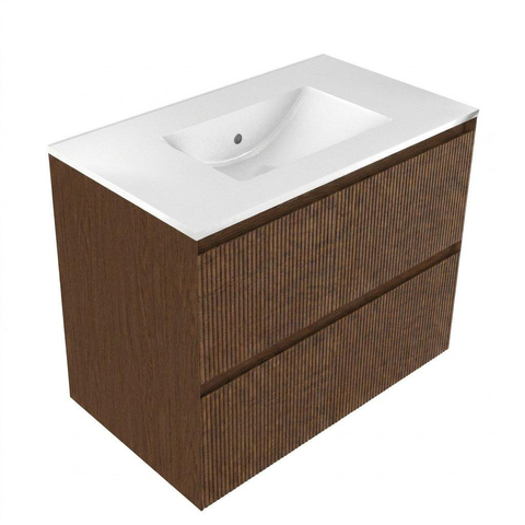 Saniclass Holz Atelier Meuble de salle de bain - 80x45x60cm - lavabo en céramique blanc - 1 vasque - sans trous de robinet - 2 tiroirs - Walnut pure SW1437742