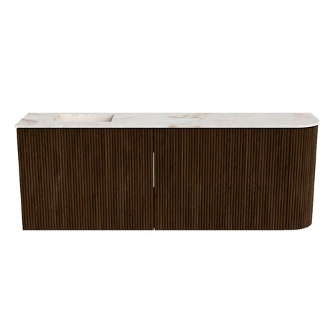Mondiaz JOYA-DLUX 111.6cm toiletmeubel - ronding rechts kleur Walnut - Wastafel FAYE positie Links 1 kraangat kleur Frappe. SW1422331