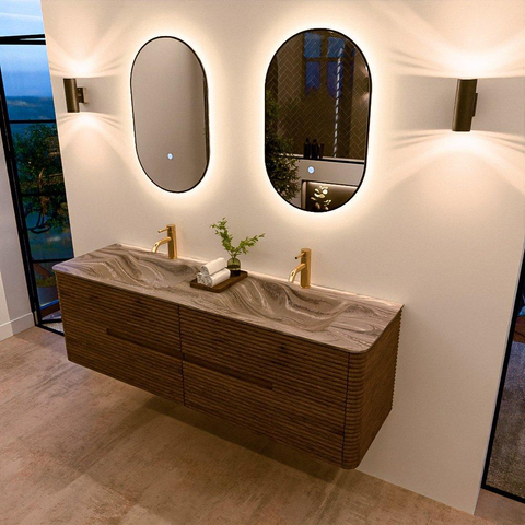 Mondiaz CIRO-DLUX Badkamermeubelset - 160x45x50cm - Solid surface wastafel Sombra - 2 wasbak Dubbel - 2 kraangaten - 4 lades - Dusk SW1533425