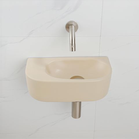 QeramiQ Fuente pack lave-mains – demi-rond – 40 x 21,5 x 12 cm – céramique beige – sans perçage – robinet inox brossé SW1233101