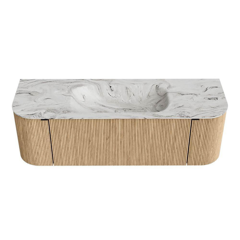 MONDIAZ KURVE-DLUX Meuble de salle de bains 140 cm avec module 25 Len R couleur Chêne avec 1 tiroir et 2 portes. Lavabo BIG SMALL central sans trou de robinetterie couleur Glace. SW1137937