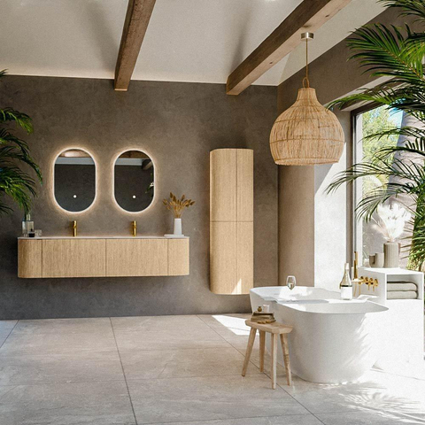 MONDIAZ KURVE-DLUX Meuble de salle de bains 180cm arrondi gauche + droite couleur chêne avec 2 tiroirs et 2 portes. Lavabo LEAF Double 2 trous de robinet Meli. SW1431640