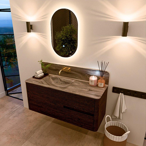 Mondiaz CIRO-DLUX Meuble de salle de bains - 120x45x50cm - vasque en solid surface Sombra - 1 bassin à gauche - sans trous de robinet - 2 tiroirs - Noyer SW1530738