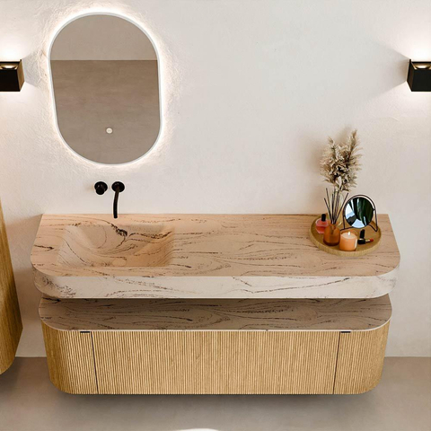 MONDIAZ THOR-DLUX 160cm meuble de salle de bains arrondi gauche + droite couleur Chêne avec 1 tiroir et 2 portes. Vasque suspendue CLOUD Gauche sans trou de robinet couleur Arena. SW1465138