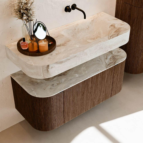 MONDIAZ THOR-DLUX 110cm badmeubel ronding links + rechts kleur Walnut met 1 lade en 2 deuren. Vrijhangende wastafel CLOUD Rechts zonder kraangat kleur Frappe. SW1462784