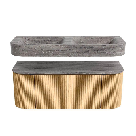 MONDIAZ THOR-DLUX 120cm badmeubel ronding links + rechts kleur Oak met 1 lade en 2 deuren. Vrijhangende wastafel CLOUD Dubbel zonder kraangat kleur Oza. SW1463380