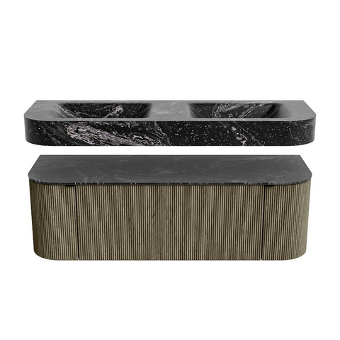 MONDIAZ THOR-DLUX 140cm meuble de salle de bains arrondi gauche + droite couleur Shadow avec 1 tiroir et 2 portes. Vasque suspendue CLOUD Double sans trou de robinet couleur Lava. SW1464133
