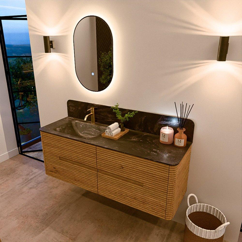 Mondiaz CIRO-DLUX Ensemble de meuble de salle de bains - 140x45x50cm - Vasque en solid surface Lava - 1 lavabo à gauche - 1 trou de robinet - 4 tiroirs - Chêne SW1531115