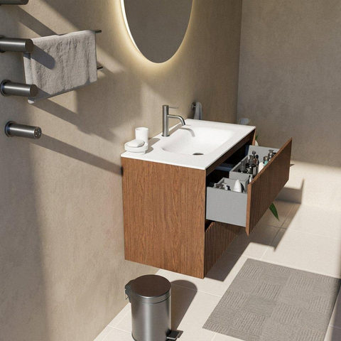 Saniclass Holz Atelier Badkamermeubelset - 80x45x61.5cm - Flow solid surface wastafel wit - 1 wasbak - 1 kraangat - 2 lades - mat walnut pure (hout) SW1478387