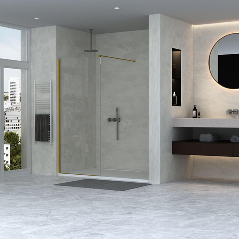 FugaFlow Efficiente Vetro 2.0 Douche de tête encastrée - 60x200cm - profilé mural - barre de stabilisation - verre clair - or mat SW1450241