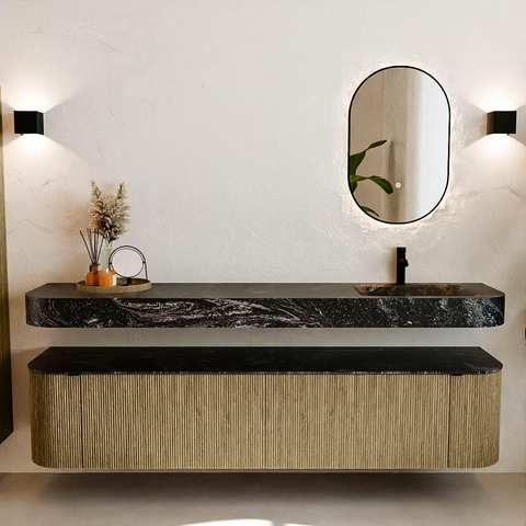 MONDIAZ THOR-DLUX Meuble de salle de bains - 200cm - arrondi gauche + droite - couleur Dusk - 2 tiroirs - 2 portes - Vasque suspendue CLOUD droite 1 trou de robinet - couleur Lava SW1466862