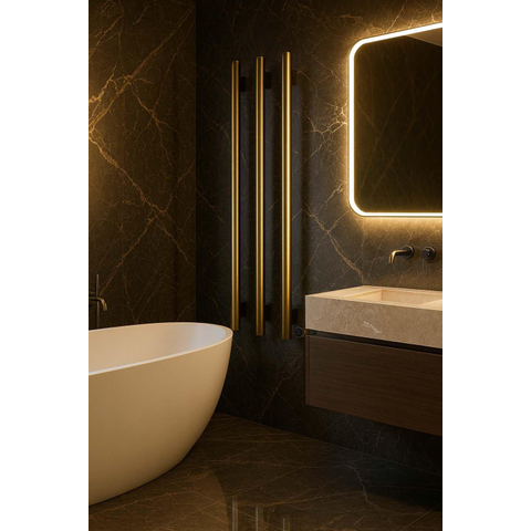 Hotbath &MORE Handdoekradiator - 57x115cm - rond - 3 stangen - verticaal - met schakelaar - PVD - geborsteld messing (goud) SW1245713
