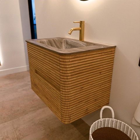 Mondiaz CIRO-DLUX Badkamermeubelset - 70x45x50cm - Solid surface wastafel Sombra - 1 wasbak Midden - 1 kraangat - 2 lades - Oak SW1531213