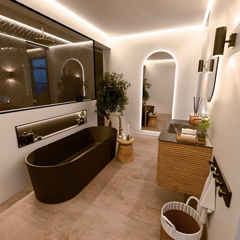 Mondiaz CIRO-DLUX Meuble de salle de bains - 100x45x50cm - Plan-vasque solid surface Lava - 1 cuve au milieu - sans trous de robinetterie - 2 tiroirs - Chêne SW1531071