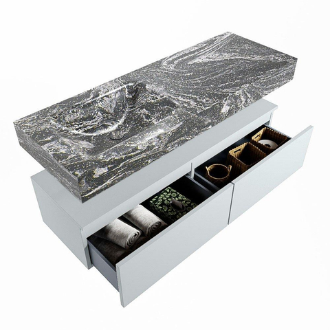 Mondiaz ALAN-DLUX Ensemble de meuble - 130cm - meuble Clay mat - 2 tiroirs - Lavabo Cloud Lava suspendu - vasque Gauche - 0 trous de robinet SW808625