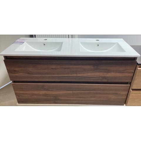 Saniclass Vita Badkameronderkast - 120cm - 2 lades - greeploos - noten - incl. keramische wastafel wit - 2 kraangaten - OUTLET UDEN STORE45667