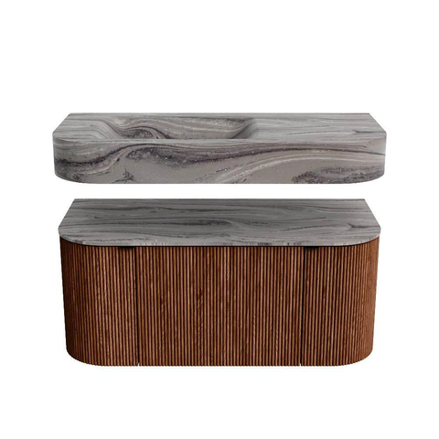 MONDIAZ THOR-DLUX 100cm meuble de salle de bains arrondi gauche + droite couleur Ruby avec 1 tiroir et 2 portes. Vasque suspendue CLOUD Gauche sans trou de robinet couleur Sombra. SW1467625