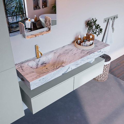 Mondiaz ALAN-DLUX Ensemble de meuble - 150cm - meuble Clay mat - 2 tiroirs - Lavabo Cloud Glace suspendu - vasque Gauche - 1 trou de robinet SW806367