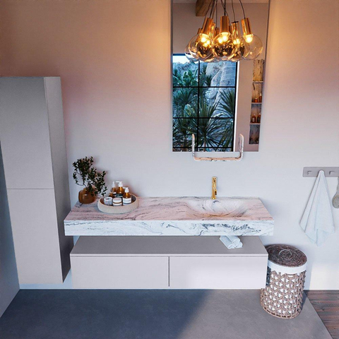 Mondiaz ALAN-DLUX Ensemble de meuble - 150cm - meuble Cale mat - 2 tiroirs - Lavabo Cloud Glace suspendu - vasque Droite - 1 trou de robinet SW806005