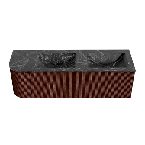 Mondiaz KURVE-DLUX Ensemble de meuble de salle de bains - 145x46x40cm - 1 tiroir - 1 porte - lavabo solid surface - double / droite - sans trou de robinet - Ruby SW1416004