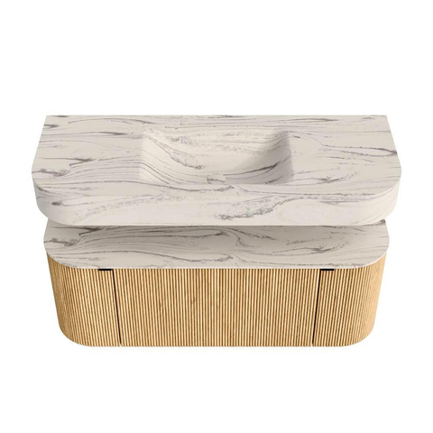 MONDIAZ THOR-DLUX 120cm badmeubel ronding links + rechts kleur Oak met 1 lade en 2 deuren. Vrijhangende wastafel CLOUD Midden zonder kraangat kleur Nata. SW1463346