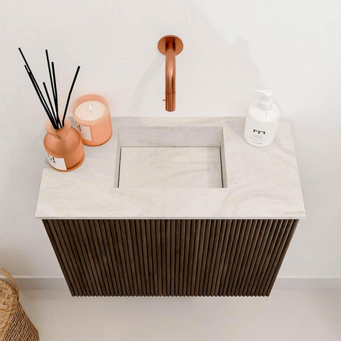 Mondiaz JOYA-DLUX Meuble de toilette 50cm - couleur Walnut - Vasque FAYE position Milieu Sans trou de robinet couleur Ostra. SW1422564