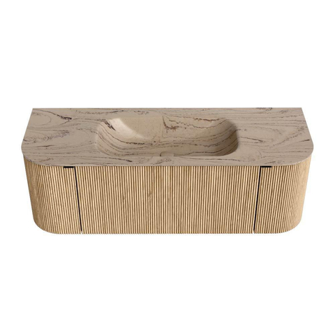 MONDIAZ KURVE-DLUX Meuble de salle de bains 130cm arrondi Gauche + Droite couleur Chêne avec 1 tiroir et 2 portes. Lavabo BIG SMALL Milieu sans trou de robinet Arena. SW1431108