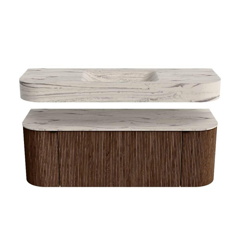 MONDIAZ THOR-DLUX 130cm badmeubel ronding links + rechts kleur Walnut met 1 lade en 2 deuren. Vrijhangende wastafel CLOUD Midden 1 kraangat kleur Nata. SW1463839