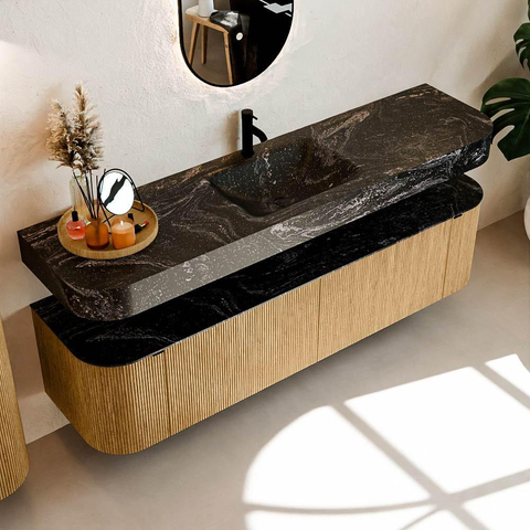 MONDIAZ THOR-DLUX 180cm meuble de salle de bains arrondi gauche + droite couleur Oak avec 2 tiroirs et 2 portes. Vasque suspendue CLOUD Milieu 1 trou de robinet couleur Lava. SW1465891