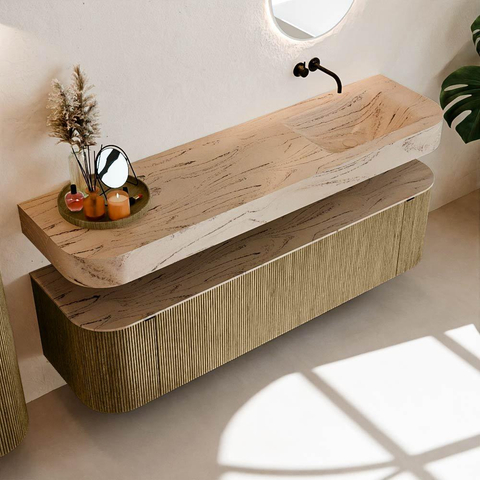 MONDIAZ THOR-DLUX 170cm meuble de salle de bains arrondi gauche + droite couleur Dusk avec 1 tiroir et 2 portes. Vasque suspendue CLOUD droite sans trou de robinet couleur Arena. SW1465819