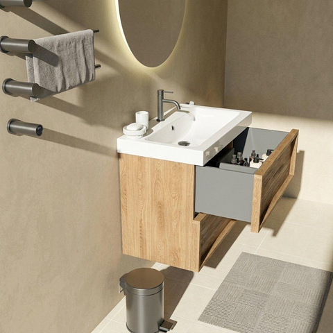 Saniclass Holz Frame Badkamermeubelset - 80x45x67.5cm - Wave keramische wastafel - 1 wasbak - 1 kraangat - 2 lades - mat eiken natural (hout) SW1579761