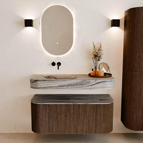 MONDIAZ THOR-DLUX Meuble de salle de bains 110cm arrondi gauche + droite couleur Walnut avec 1 tiroir et 2 portes. Vasque suspendue CLOUD Gauche sans trou de robinet couleur Sombra. SW1463008