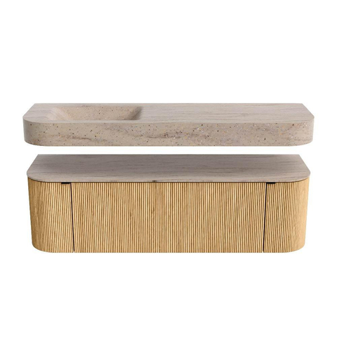 MONDIAZ THOR-DLUX 150cm meuble de salle de bains arrondi gauche + droite couleur Oak avec 1 tiroir et 2 portes. Vasque suspendue CLOUD gauche sans trou de robinet couleur Saba. SW1464862