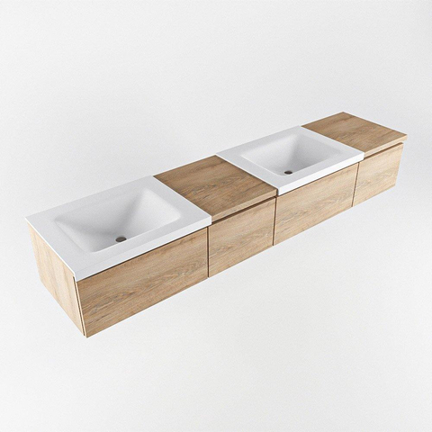 MONDIAZ BUKLA 200cm ensemble de meuble avec module 40 gauche couleur Chêne blanchi avec 4 tiroirs. Lavabo CLOUD double 2 trous de robinet couleur Talc. SW1382141