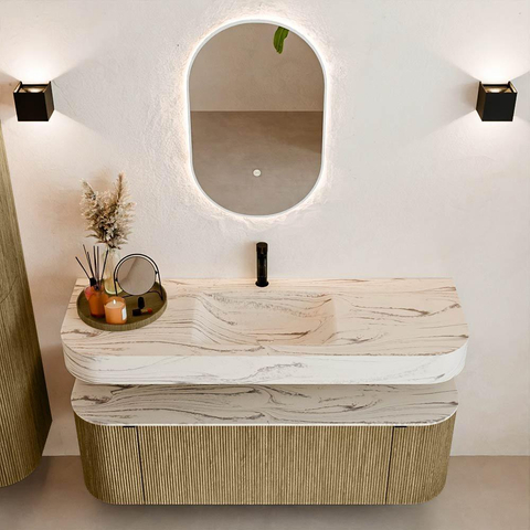 MONDIAZ THOR-DLUX Meuble de salle de bains 140cm arrondi gauche + droite couleur Dusk avec 1 tiroir et 2 portes. Vasque suspendue CLOUD Milieu 1 trou de robinet couleur Nata. SW1464291