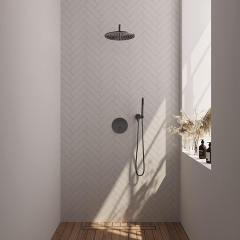 BRAUER Gunmetal Edition douche de pluie encastrée thermostatique - 3 voies - rond - set 76 - pomme de douche 30cm - bras mural courbé - douchette barre - flexible de douche - coude mural - gunmetal brossé PVD SW1159138