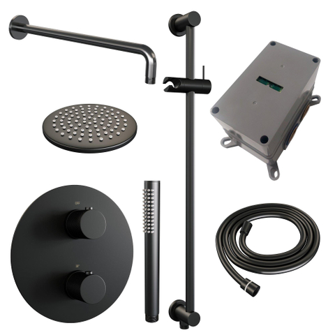 BRAUER Black Carving mitigeur encastré douche pluie thermostatique - 3 voies - rond - set 87 - douche principale 20cm - bras de mur courbé - douchette à main - flexible de douche - colonne de douche intégrée - noir mat SW1159239